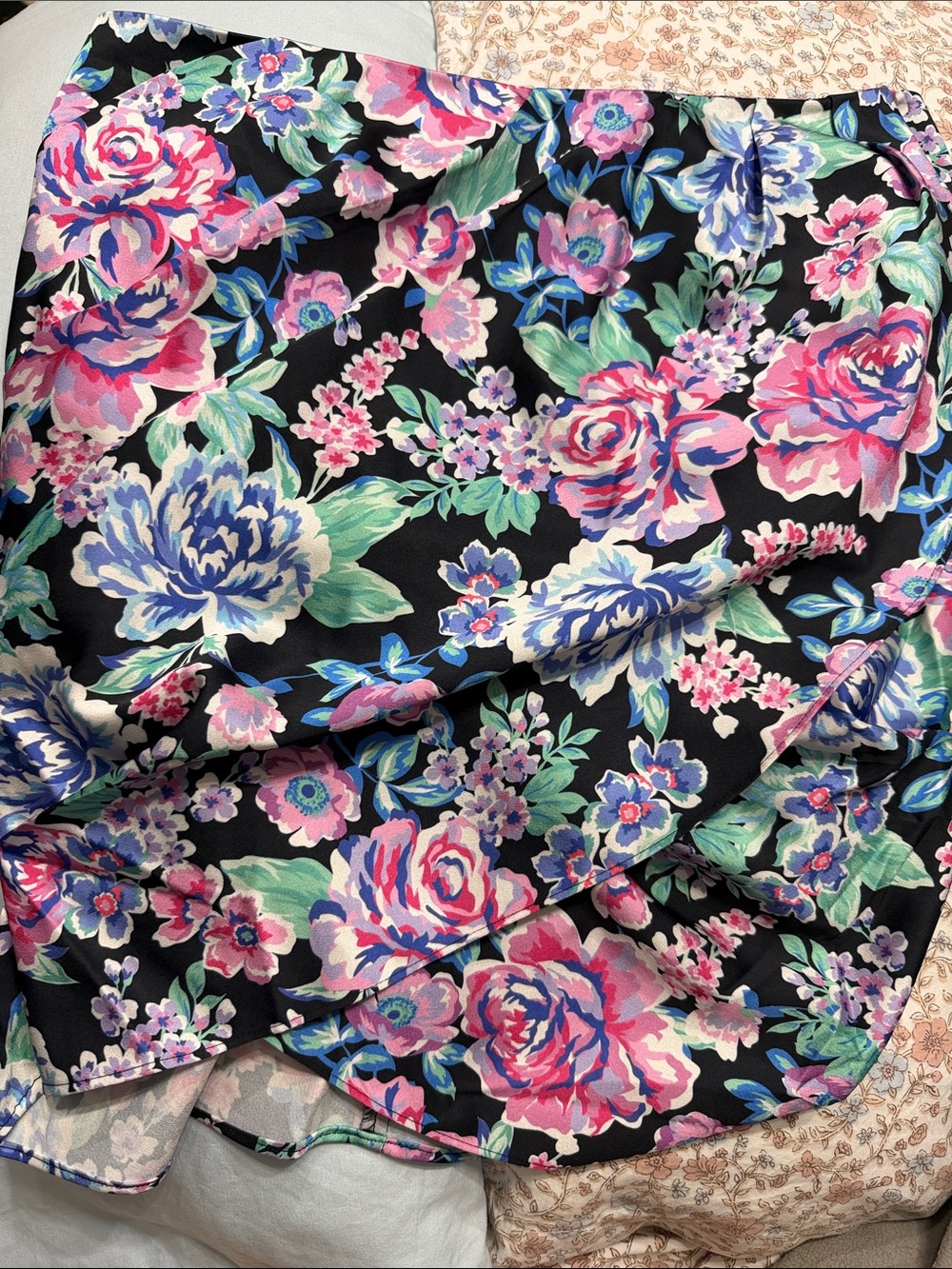For Love & Lemons Black Mini Skirt with Pink, Blue & Green Floral Print
